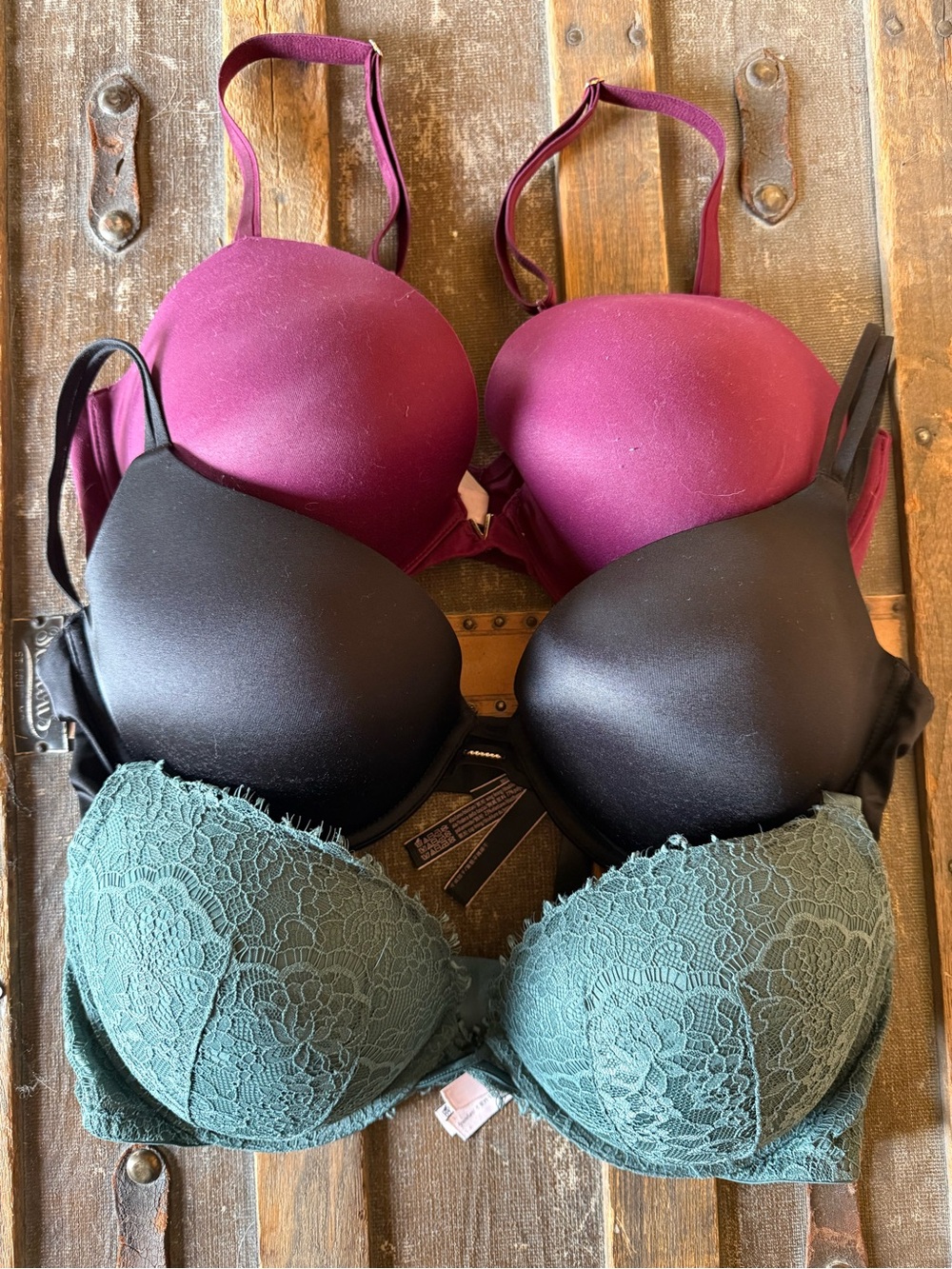 Victoria’s Secret 3 Pc. Push Up Bra Bundle Plum/Forest/Black 38D